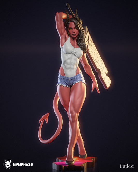 Malevola Dispatch half-demoness 1:6 scale figure horned demon girl with tail holding sword on shoulder, standing pinup pose, tank top and shorts, heels, display base