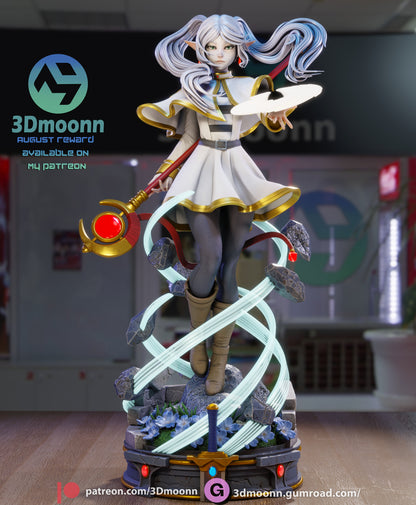 Frieren 1:6 scale figure wide front view holding staff, flowing cloak, and detailed base - anime collectible figure