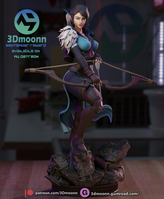 Vex'ahlia Critical Role figurine full view with bow drawn, standing on rocky base, 1:6 scale