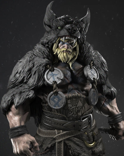 Close-up of Barbarian Thor's intense expression under the wolf pelt hood, with intricate Norse carvings on his belt and hammer.