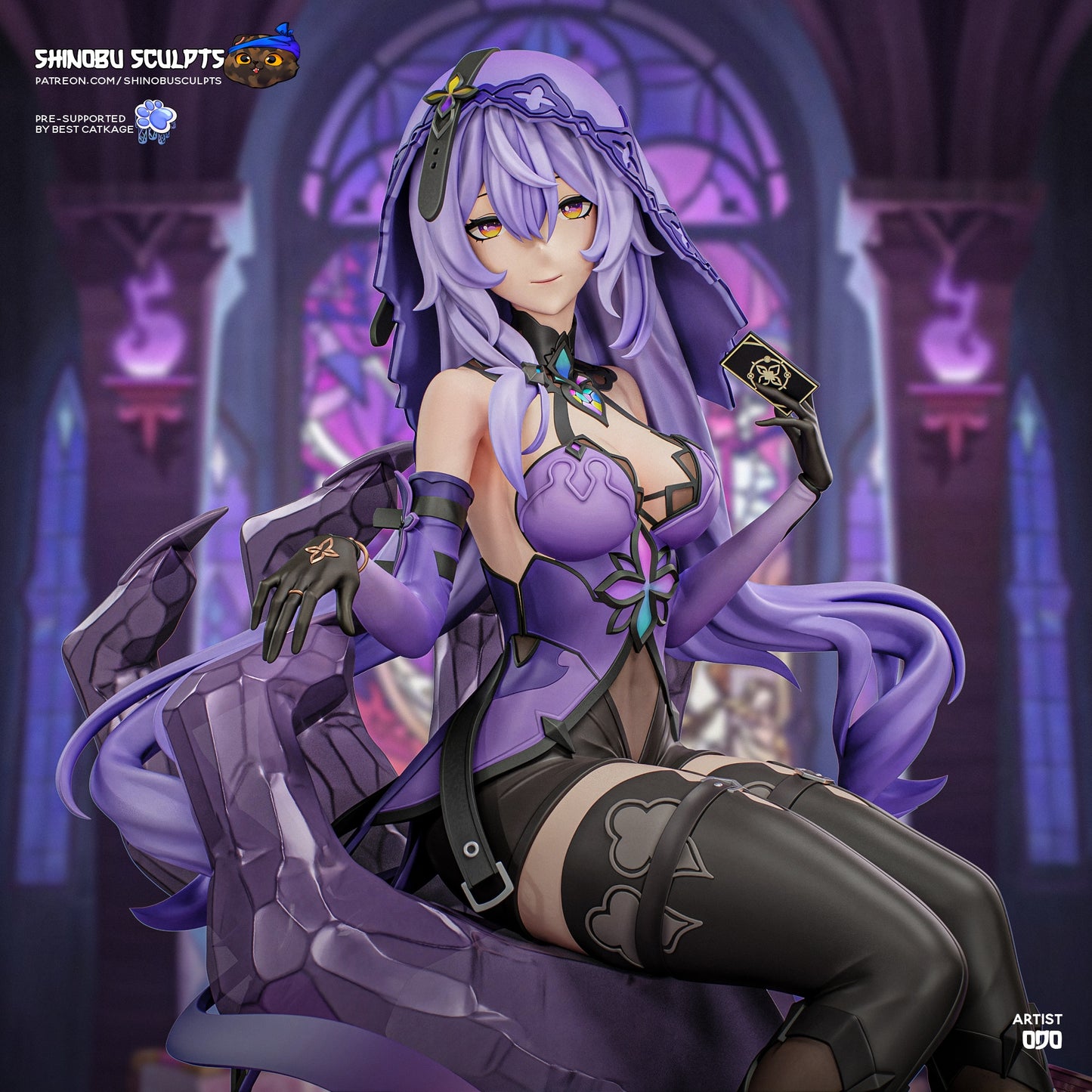 Close-up of colored Black Swan from Honkai: Star Rail, holding a tarot card and smiling subtly, with cathedral windows glowing behind her.