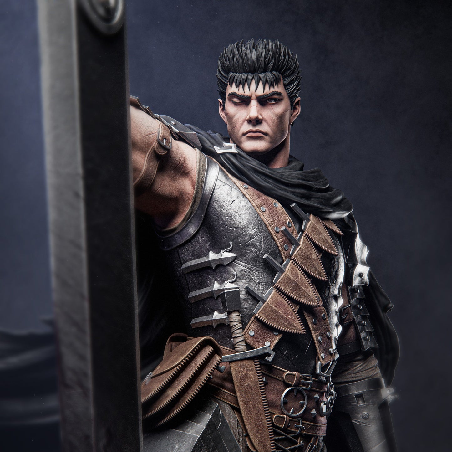 Close-up of Guts from Berserk anime, showing his determined expression and detailed armor.