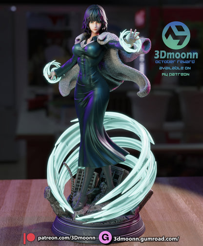 Fubuki collectible figure in 1:6 scale standing on rubble base, wearing long fitted dress and fur-collared coat, surrounded by swirling telekinetic energy rings.