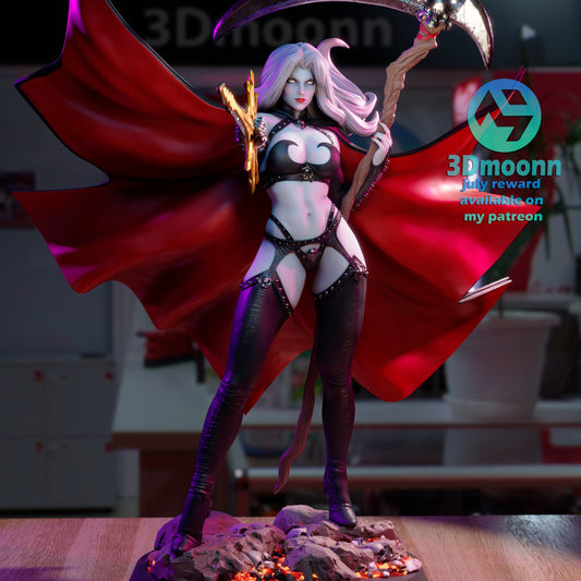 Lady Death 1:6 scale figure posed with flowing cape, scythe raised high, and magical sword extended, standing atop molten lava rock base