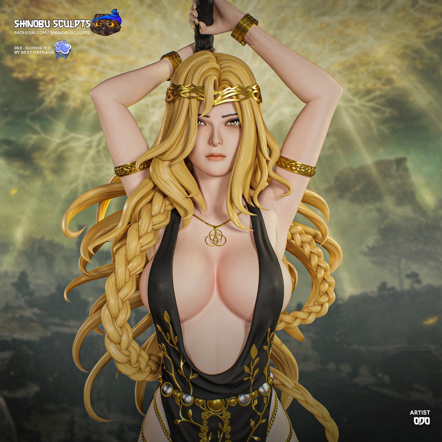 Marika Elden Ring painted-style promotional close-up featuring facial sculpt, hair braids, jewelry, and raised weapon positioning.