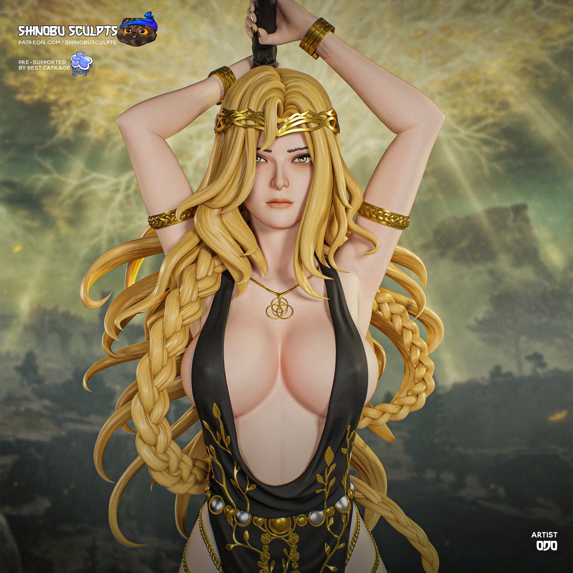Marika Elden Ring painted-style promotional close-up featuring facial sculpt, hair braids, jewelry, and raised weapon positioning.