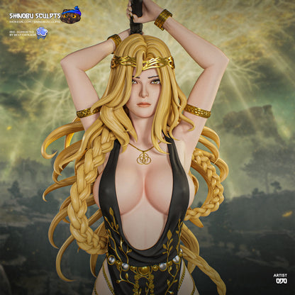 Marika Elden Ring painted-style promotional close-up featuring facial sculpt, hair braids, jewelry, and raised weapon positioning.