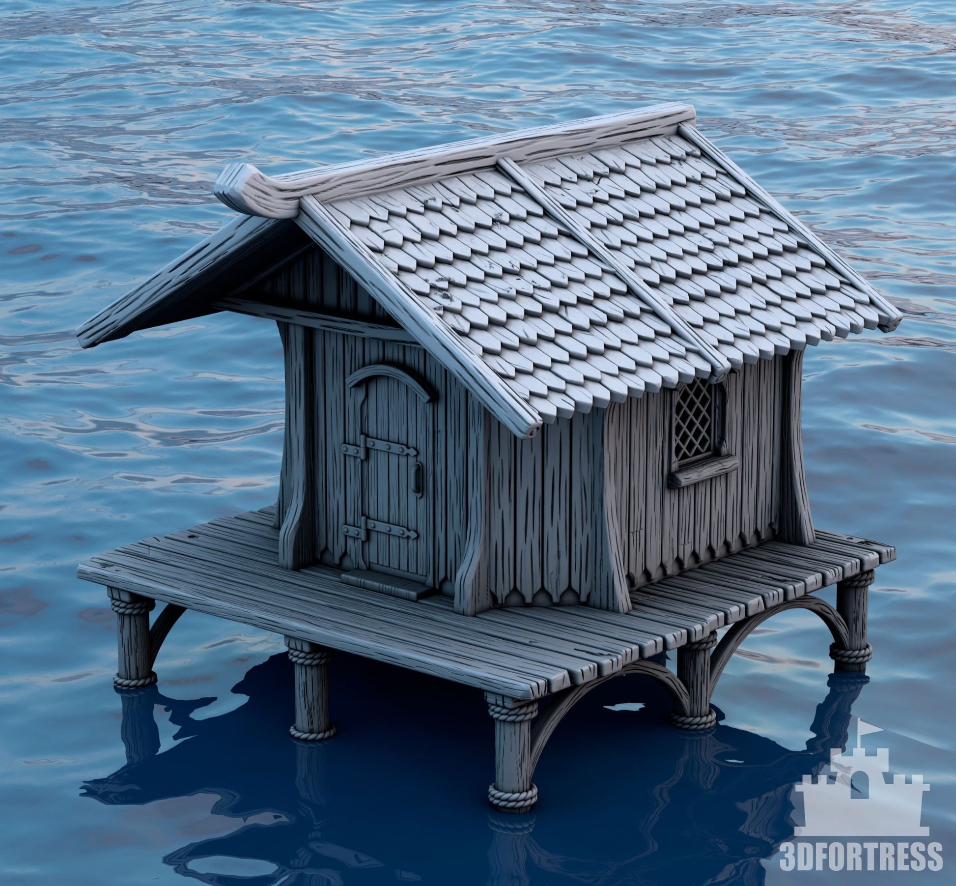 A small medieval house on stilts with a slanted roof and wooden deck, placed on water, designed for tabletop RPG settings.