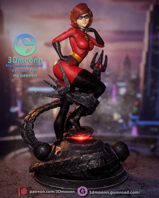 Front full-body view of Elastigirl 1:6 scale collectible statue in red bodysuit and mask, standing confidently on futuristic robotic base.