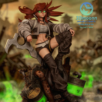 Riyo Reaper 1:6 scale figure, Gachiakuta character, scavenger fighter with oversized cleaver weapon, dynamic seated pose, ruined wasteland base, anime collectible statue