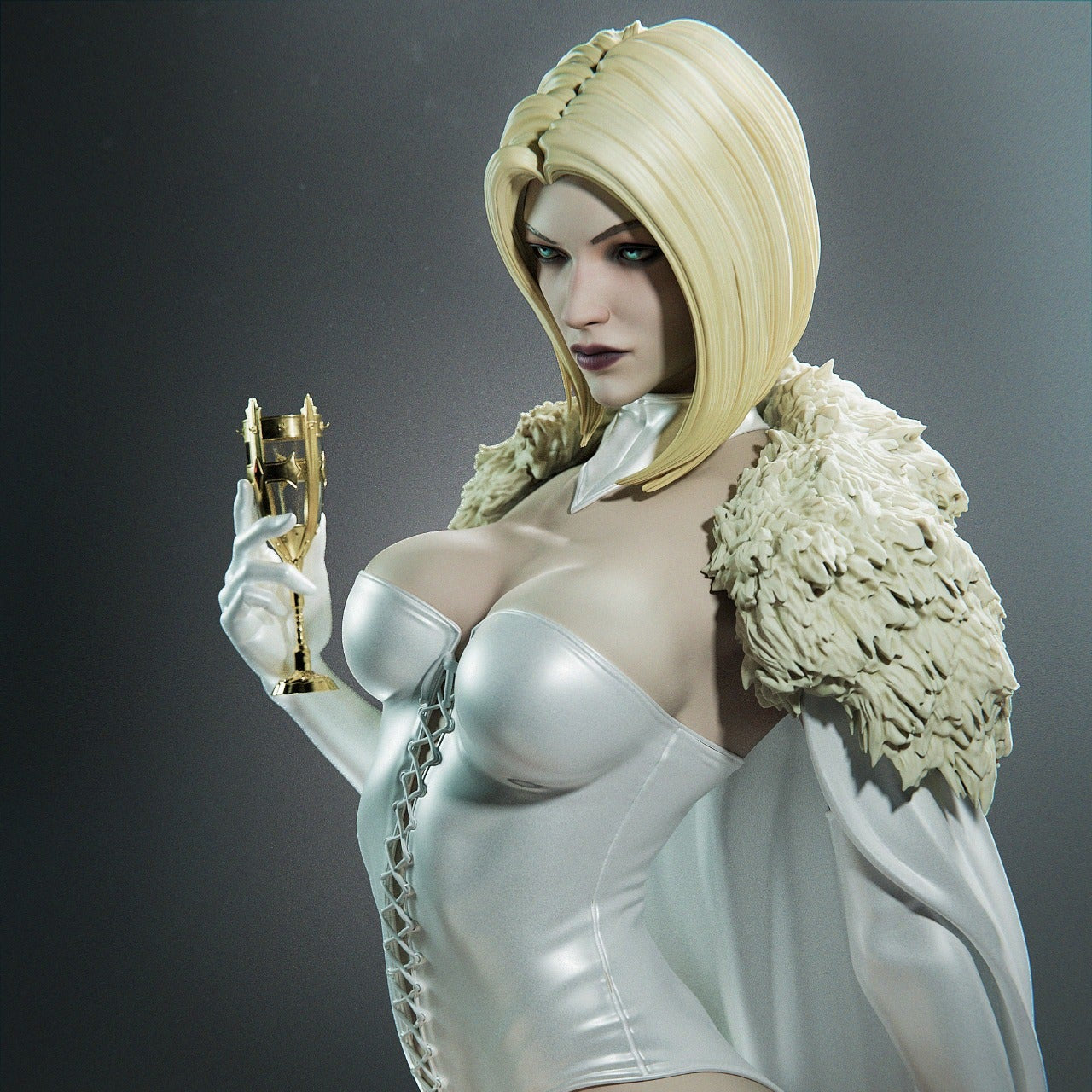 Detailed bust shot of Emma Frost showing her corset, cape, and intense expression while holding a goblet.