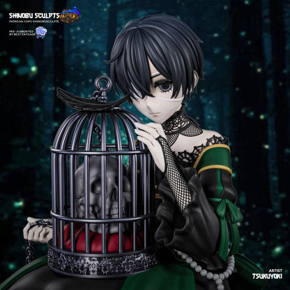 Ciel Phantomhive painted figure close-up holding a birdcage with skull inside, Victorian outfit, lace jabot choker, short hair.
