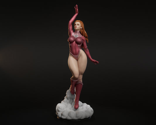 Front view – Atom Eve 1:4 scale statue from Invincible, superheroine posed flying upward on cloud base in pink costume.