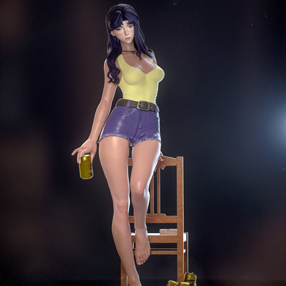 Misato Katsuragi collectible figure standing barefoot beside a chair holding a beer can, Evangelion 1:6 scale statue.