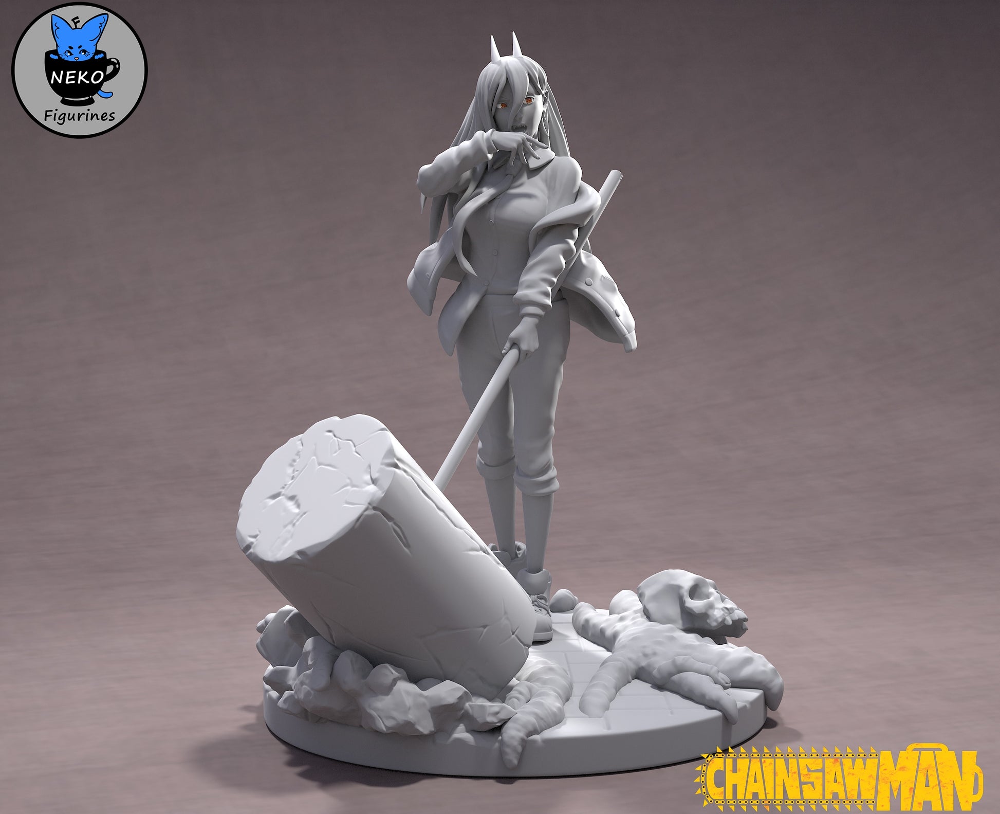 Power figure posed with blood hammer, one hand raised to her face, detailed sculpt of her uniform and base.