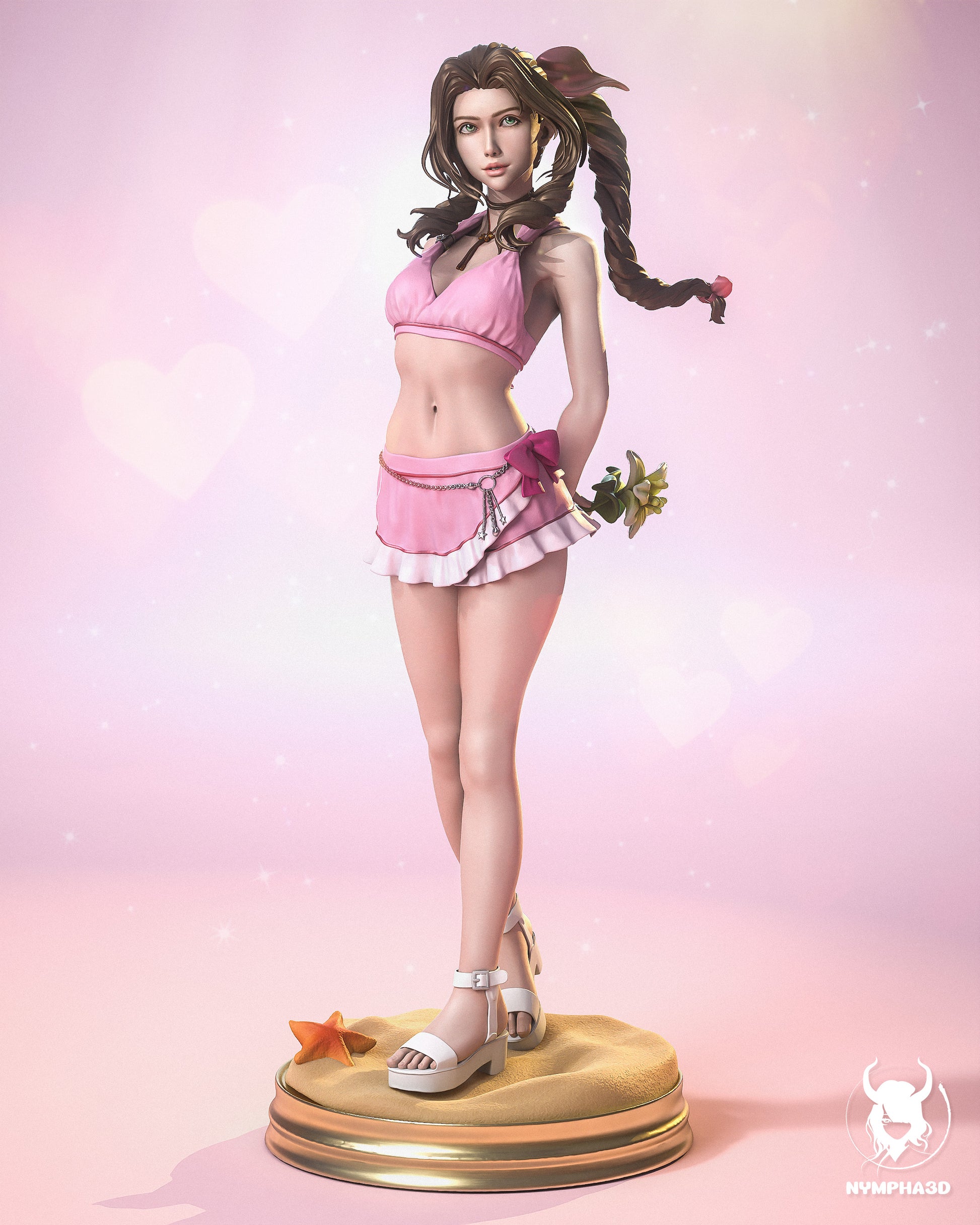 Aerith Gainsborough – front view showing pink summer outfit and delicate flower accessory.