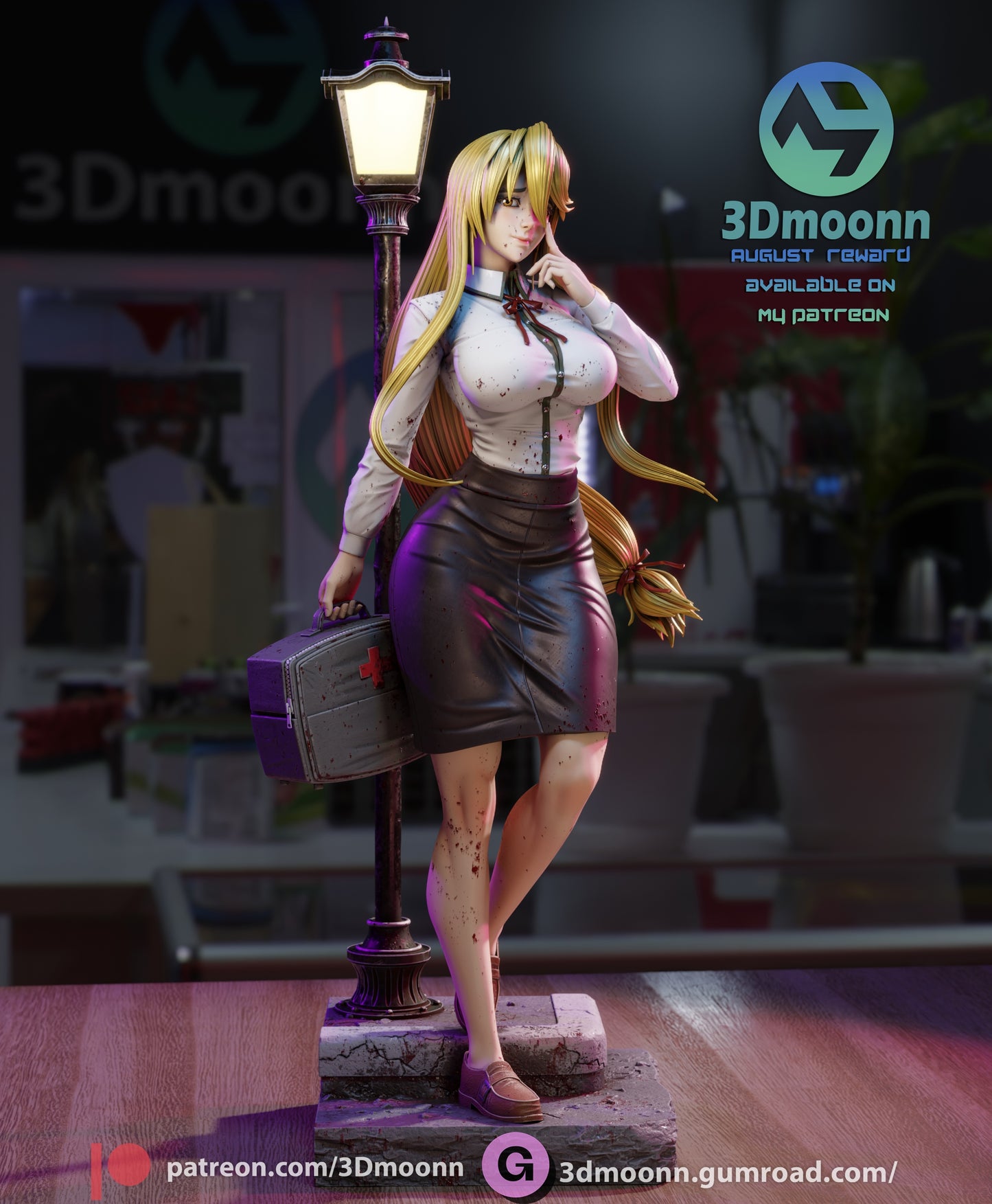 Shizuka Marikawa 1:6 scale figure, standing beside a streetlamp holding a medical kit, wearing a buttoned blouse and skirt with long flowing hair.