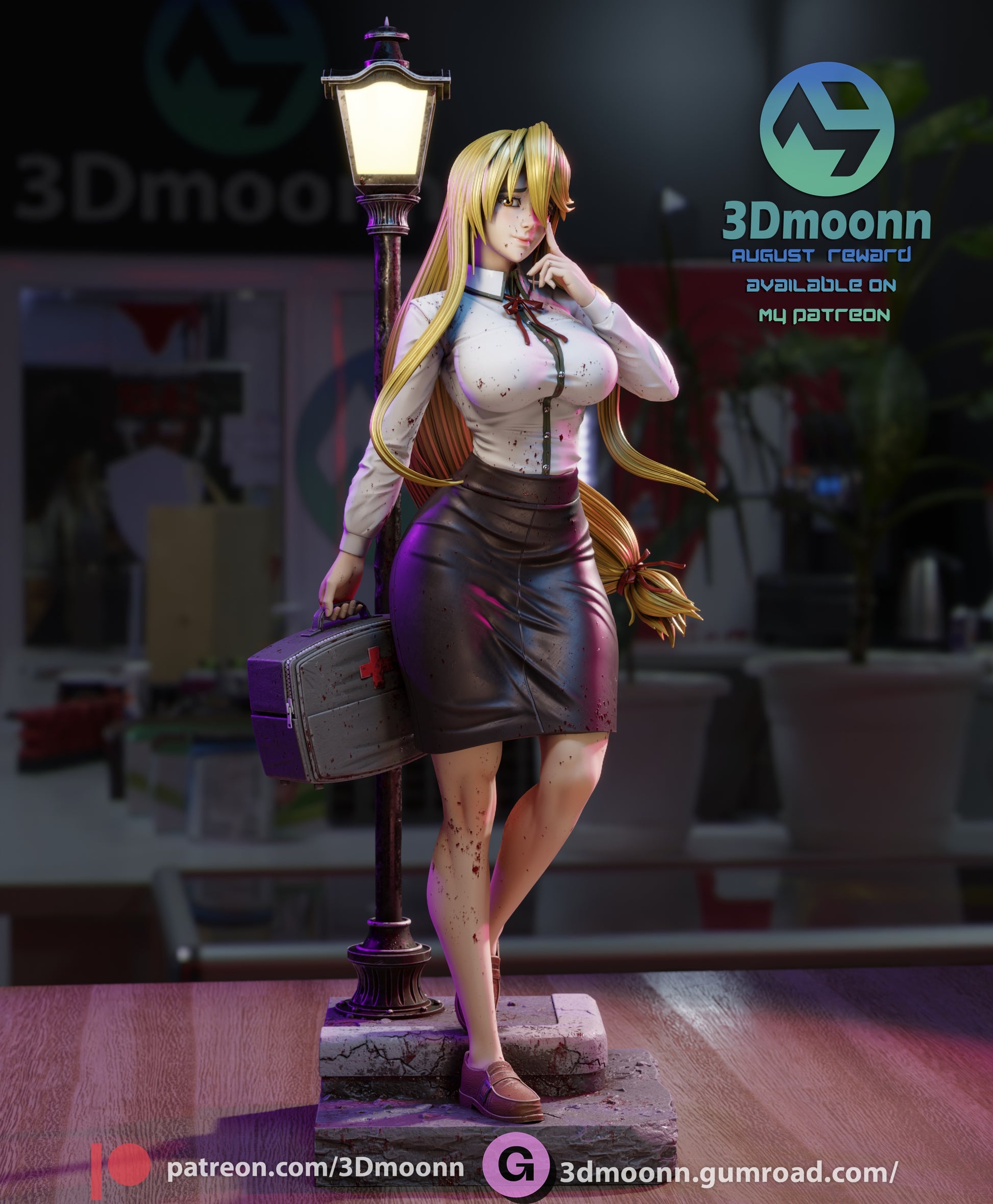Shizuka Marikawa 1:6 scale figure, standing beside a streetlamp holding a medical kit, wearing a buttoned blouse and skirt with long flowing hair.
