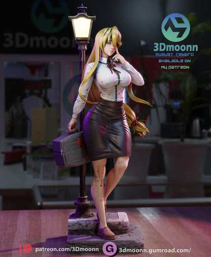 Shizuka Marikawa 1:6 scale figure, standing beside a streetlamp holding a medical kit, wearing a buttoned blouse and skirt with long flowing hair.