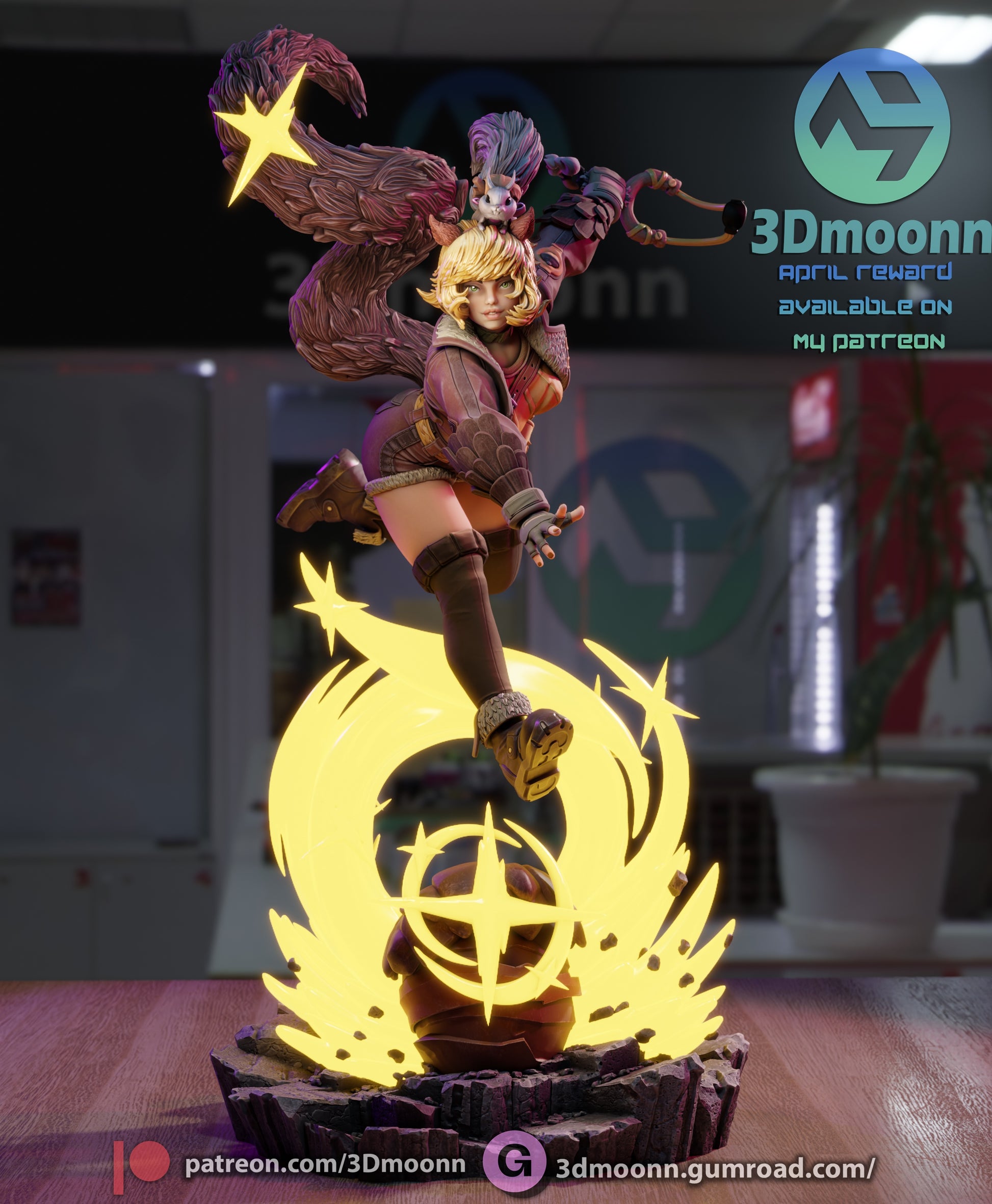 Frontal action pose of Squirrel Girl elevated above a glowing yellow base, with a determined expression, hand reaching forward, and signature squirrel tail in motion.