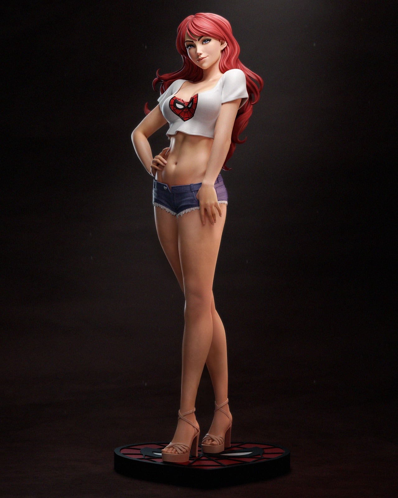 Full-body view of Mary Jane figurine, standing with a hand on her hip, presented on a themed base.