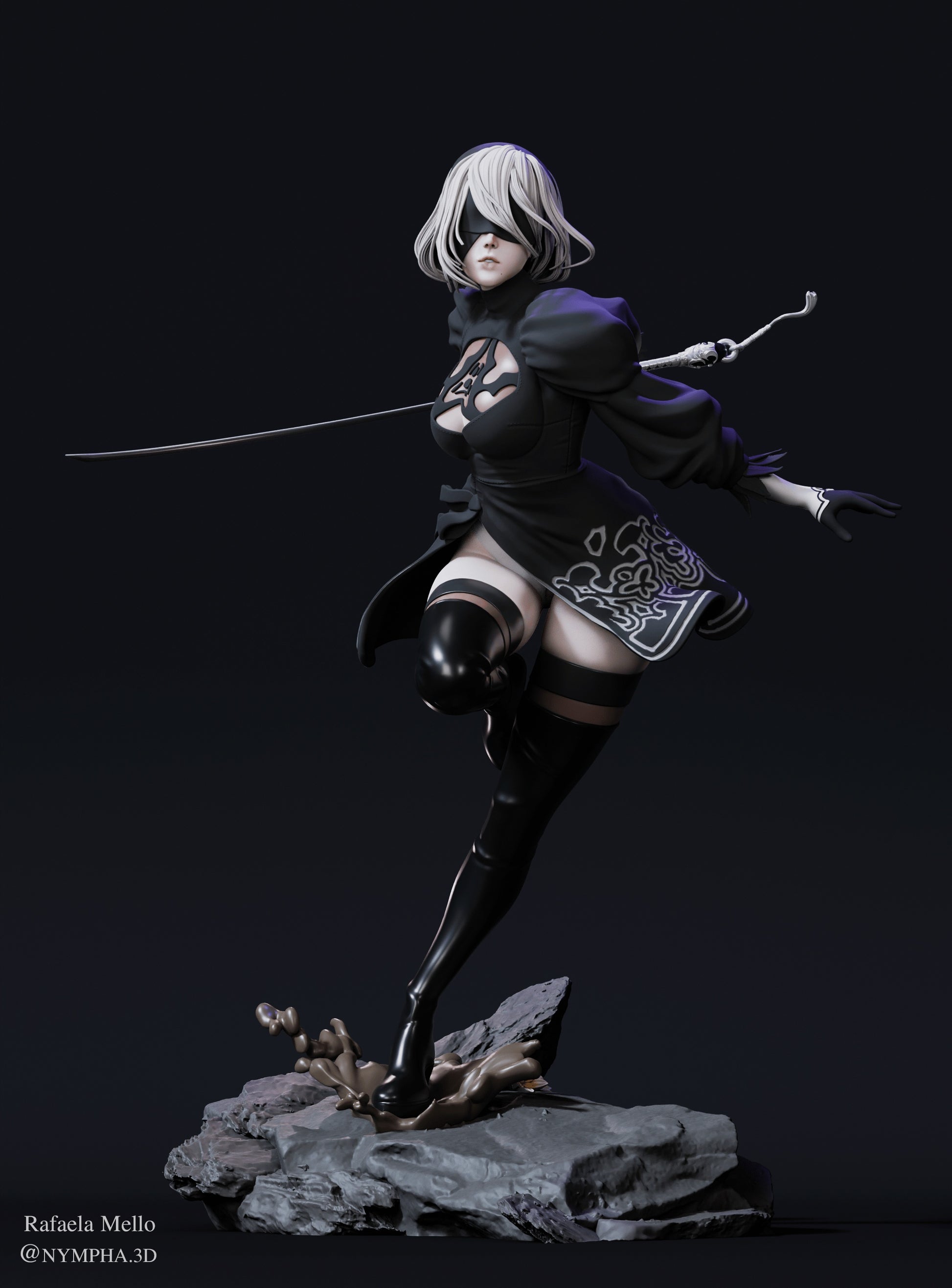 2B – Front Full Figure Render: Full-body render showing 2B mid-strike, holding her sword behind her with a flowing skirt and thigh-high boots.