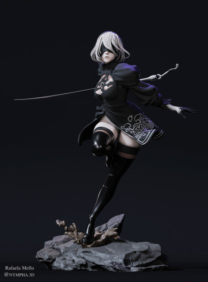 2B – Front Full Figure Render: Full-body render showing 2B mid-strike, holding her sword behind her with a flowing skirt and thigh-high boots.