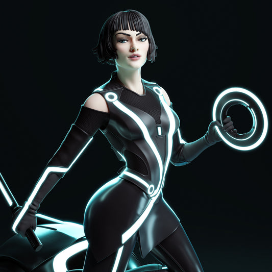 Quorra Tron close-up portrait holding glowing disc, detailed cyber suit – 1:6 scale collectible.