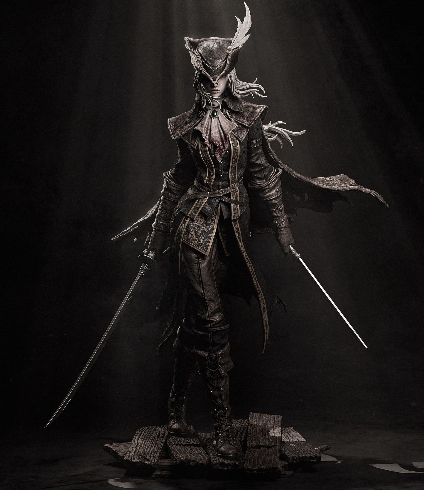 Front view of the Lady Maria collectible figure from Bloodborne, highlighting her dual-blade stance and detailed Victorian-inspired outfit.