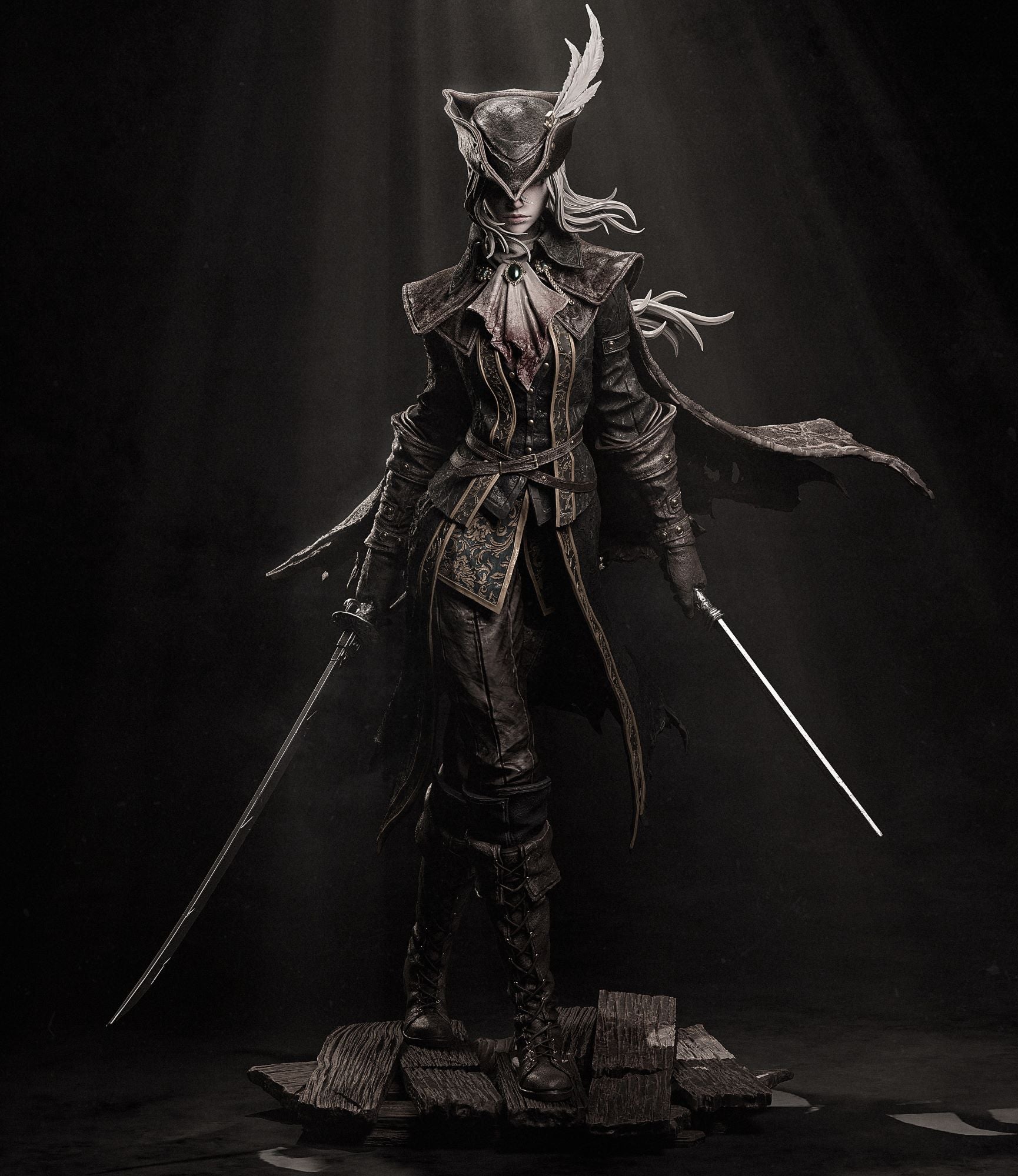 Front view of the Lady Maria collectible figure from Bloodborne, highlighting her dual-blade stance and detailed Victorian-inspired outfit.