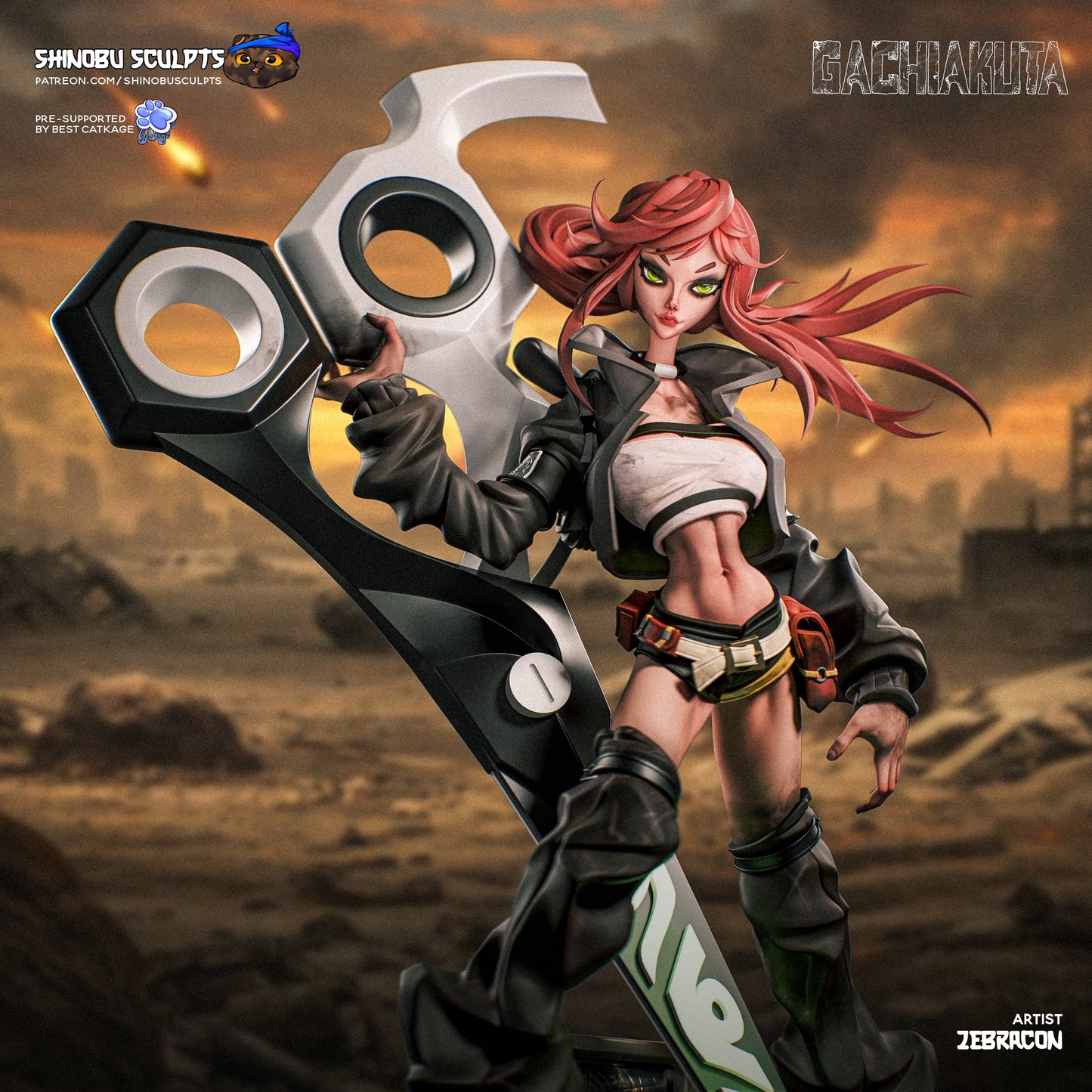 Painted render of Riyo Reaper from Gachiakuta 1:8 scale collectible, wielding oversized scissor blade and posed in battle stance.