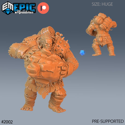 Hill Giant Rock – huge-sized fantasy miniature of a giant holding a massive rock with one arm raised, spiked armor, chains, and kilt; perfect for D&D 5e or Pathfinder encounters