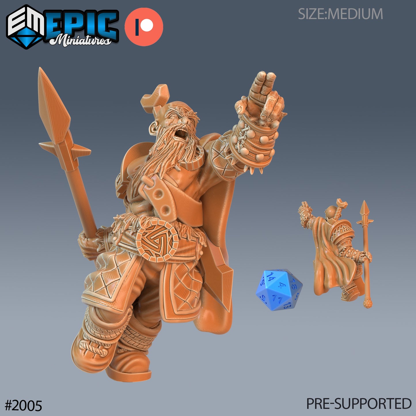 Male dwarf spearman miniature advancing with spear and round shield, suitable for fantasy battle scenes.