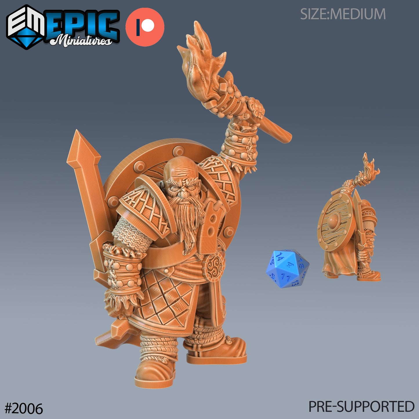 Male dwarf torchbearer miniature holding torch and sword, ideal for dungeon exploration in fantasy games.