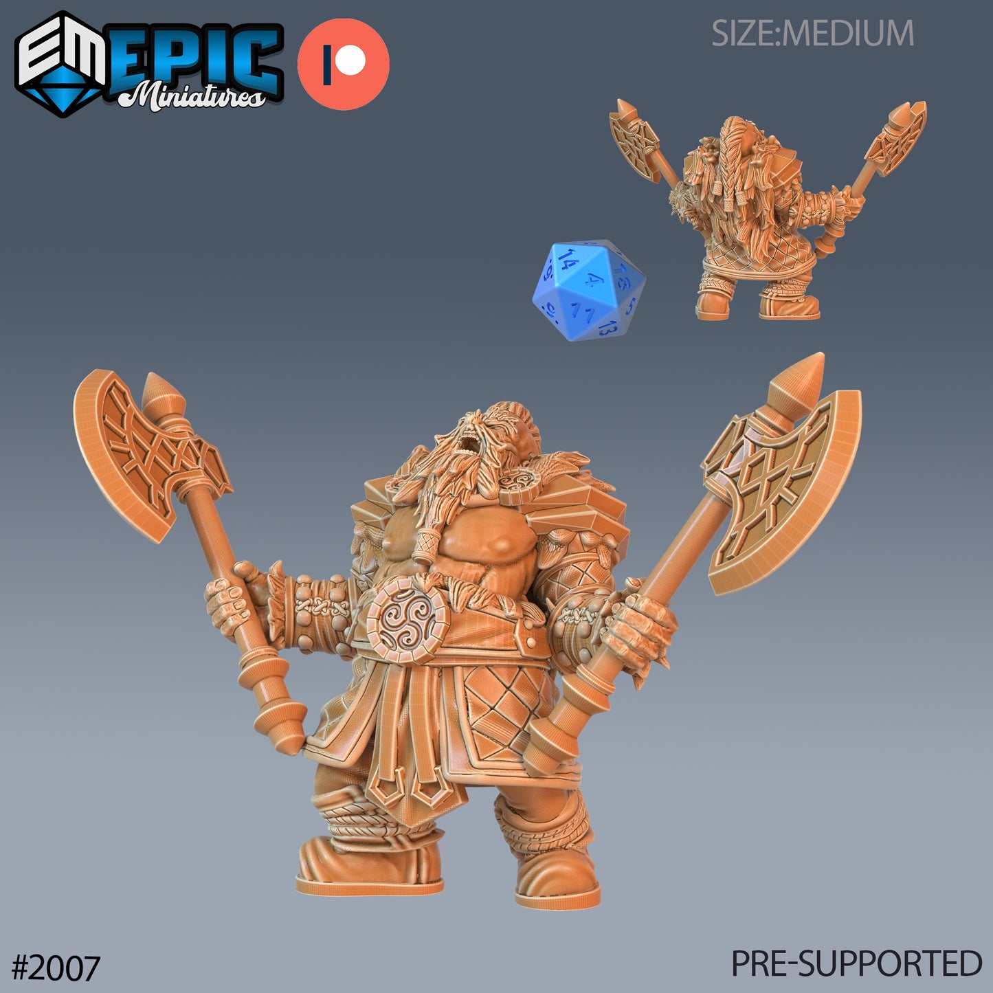 Male dwarf berserker miniature mid-charge, roaring with dual axes, perfect for DnD or Pathfinder combat scenes.