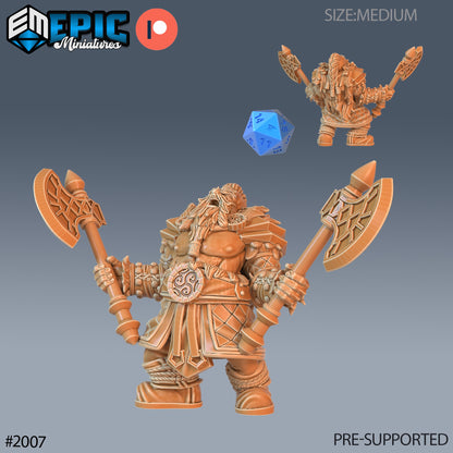 Male dwarf berserker miniature mid-charge, roaring with dual axes, perfect for DnD or Pathfinder combat scenes.