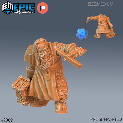 Male dwarf blacksmith miniature, wielding a smithing hammer and anvil, for RPG town or forge settings.