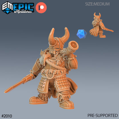 Male dwarf warhorn bearer miniature blowing into a large horn, armored and ready for battle, great for fantasy TTRPGs.