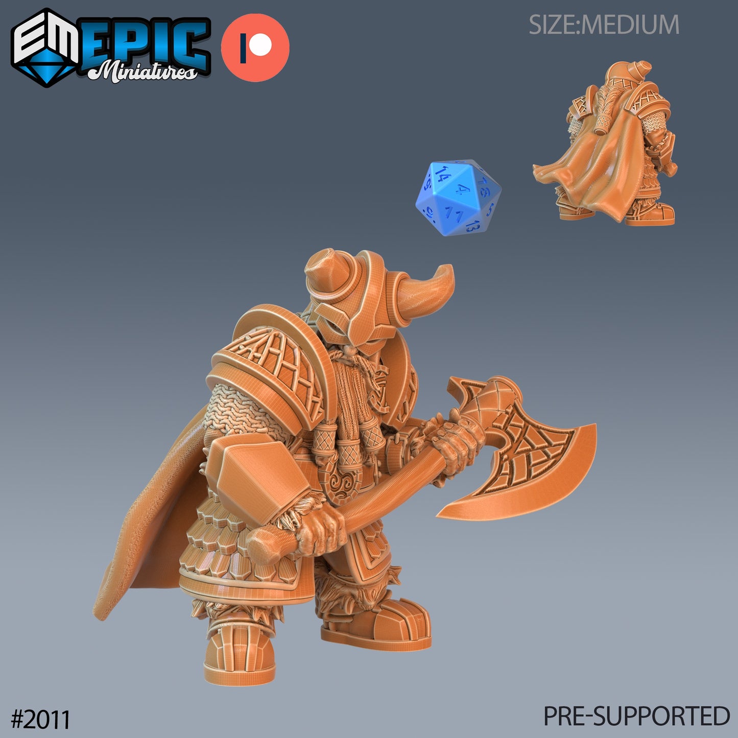 Male dwarf axe warrior miniature in combat stance, two-handed axe raised, perfect for DnD 5e or Pathfinder campaigns.