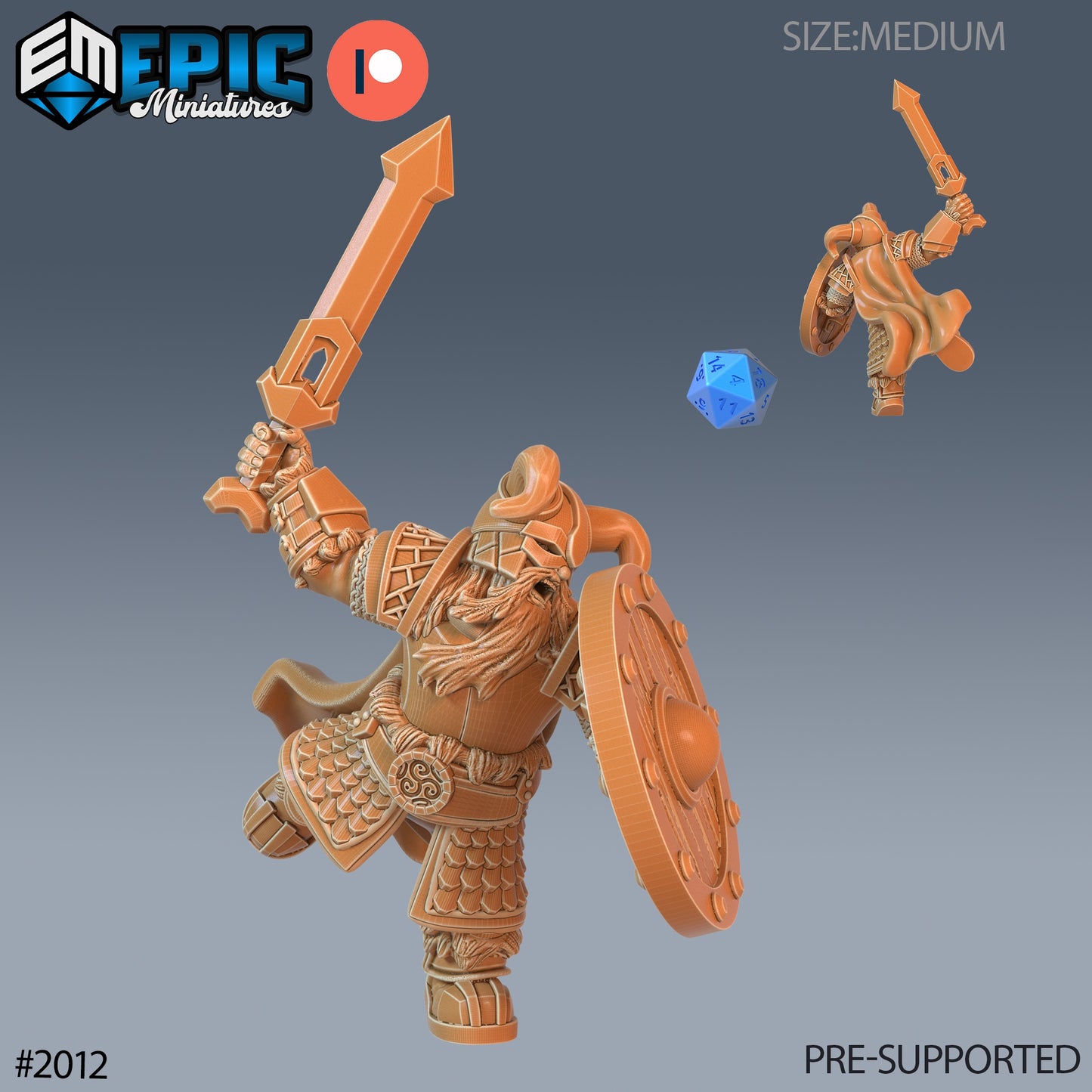 Male dwarf sword and shield miniature in defensive stance, heavy armor and stoic posture, ready for TTRPG action.