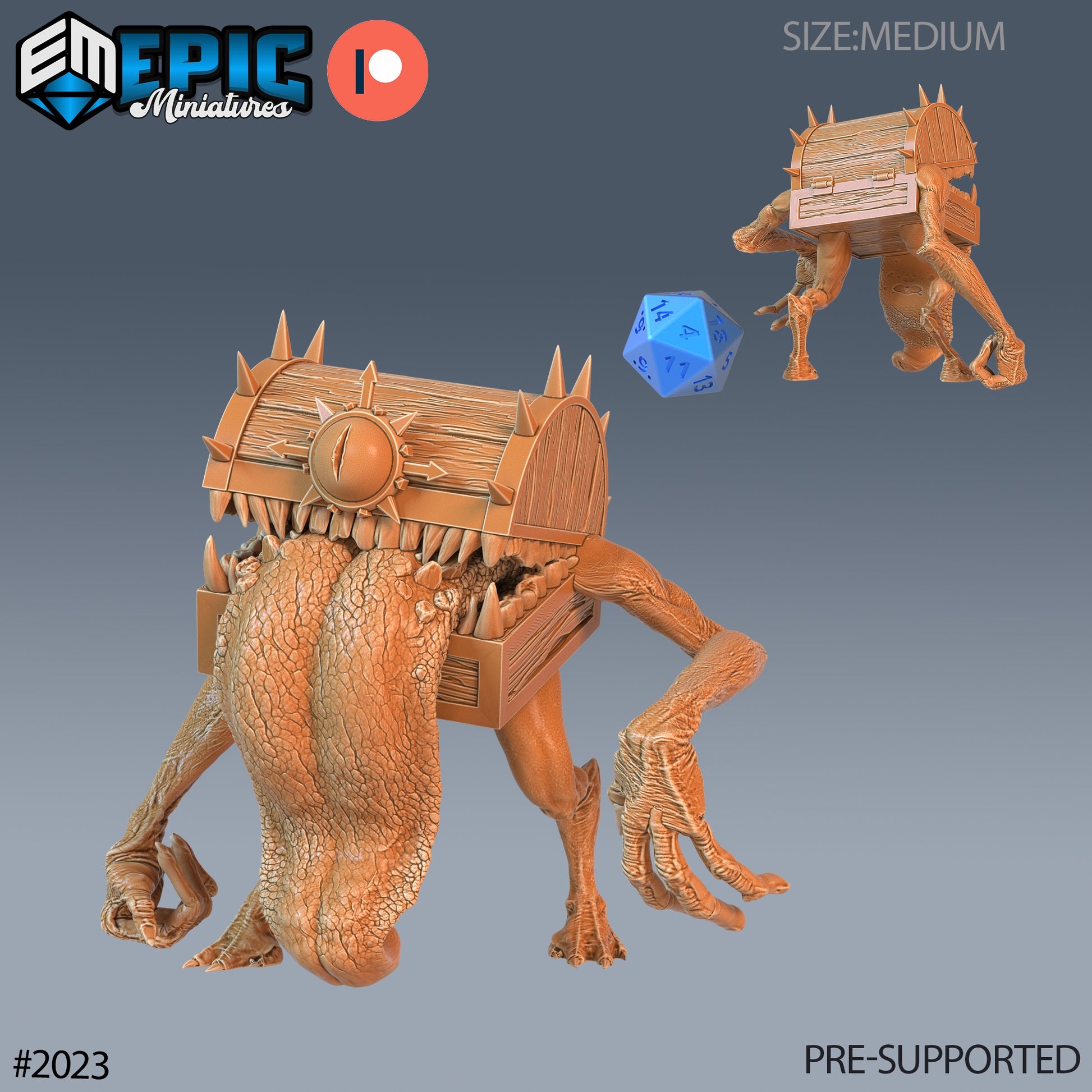 Chest mimic front and back view, showing tongue lolling out and clawed hands, positioned with a scale die for size.