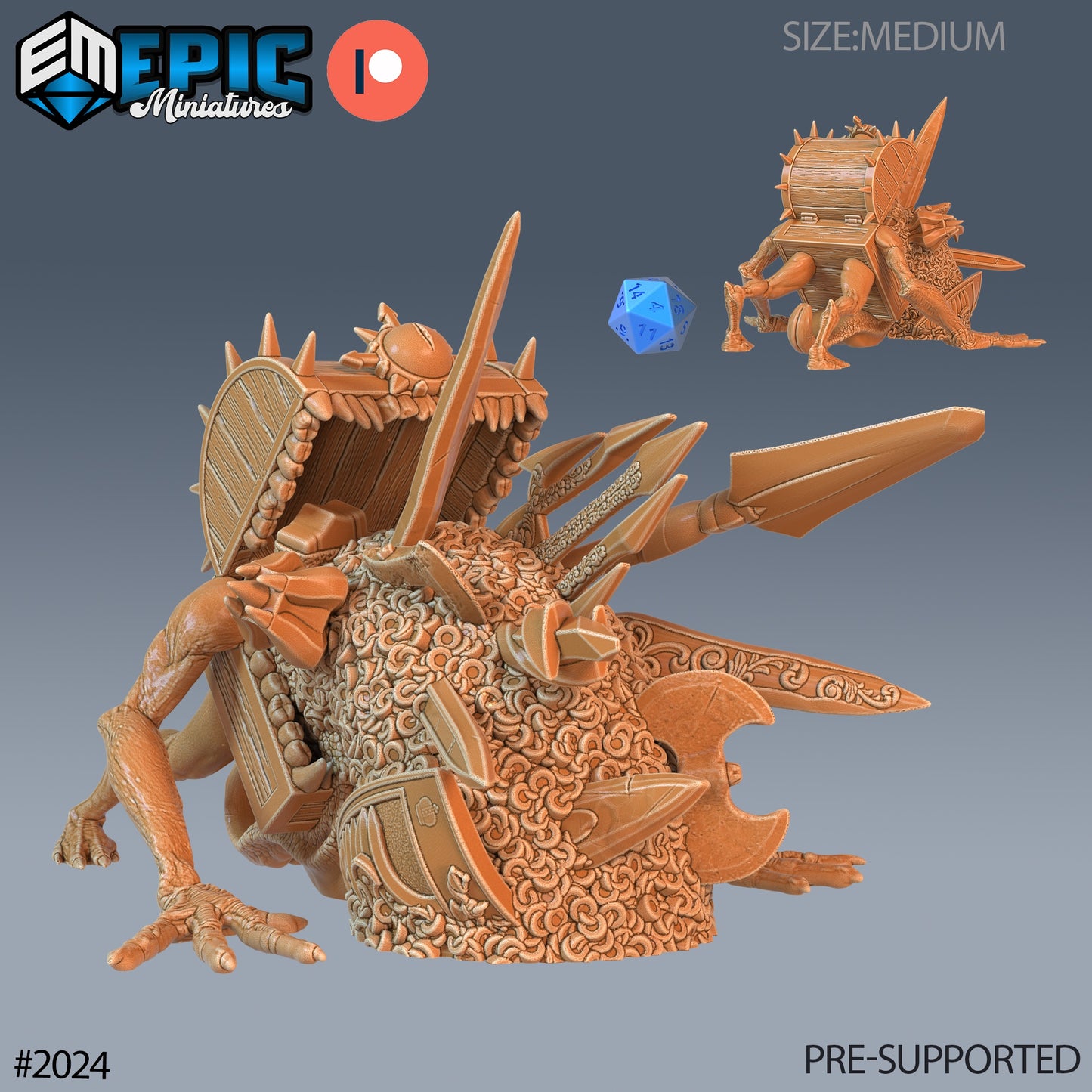 Chest mimic leaping over a pile of vomited treasure, with its chest lid mouth open and limbs braced for attack.