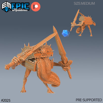 Chest mimic with extended tongue, holding dual swords in an aggressive pose, shown from front and side views.