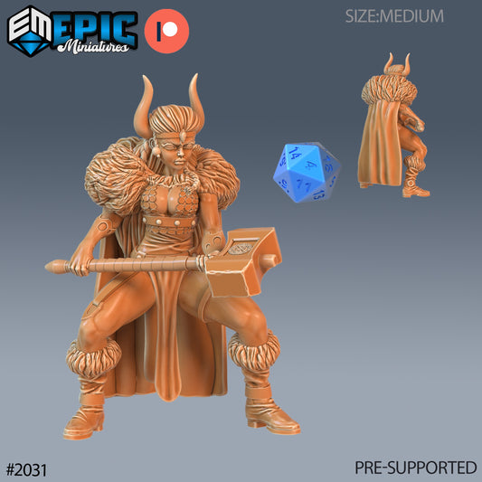 A focused dwarf princess gripping a heavy ceremonial hammer, posed in a grounded stance with plated armor and a long fur cloak.