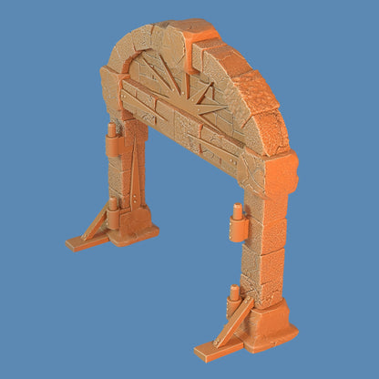 The same dwarf mine arch with added wooden and metal support braces at the base for extra structural detail.