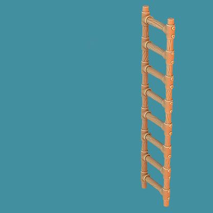 A close-up of a wooden and metal-bound ladder with detailed rungs and bracing.