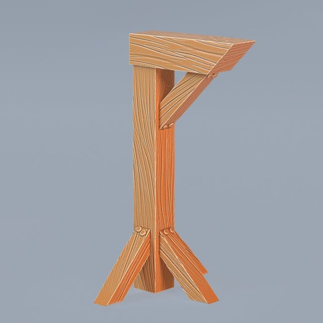 A variation of the gallow frame with no rope, showing a bare wooden beam secured by a thick braided rope.