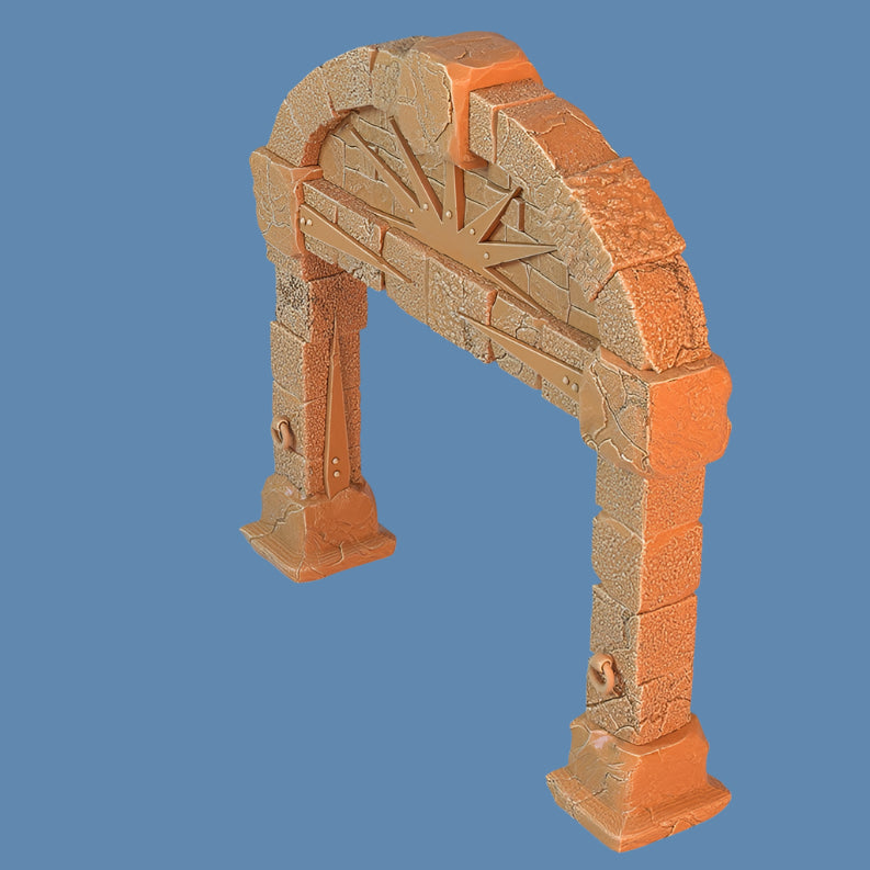 A cracked and weathered stone tunnel arch with sunburst engravings and solid dwarf-style construction.