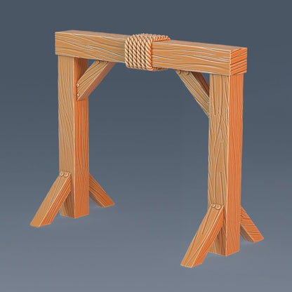 A wooden gallow frame with twin hanging ropes looped over the beam, suitable for dark narrative setups.