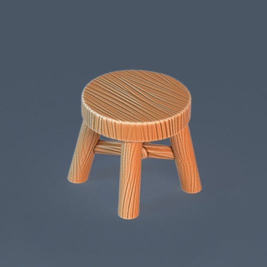 A short, round wooden stool with four thick legs and reinforced cross braces, perfect for dwarves who prioritize function over lumbar support.